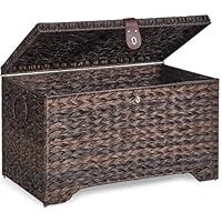 Honjourai Handwoven Storage Basket with Lid, 165L Plastic Rattan Storage Bin, Leather Buckle & Metal Frame, Large Metal Ring Handles, Storage Trunk for Bedroom, Laundry Room