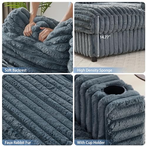 Image of 58'' Plush Faux Rabbit Fur Chaise Loveseat with Charging Station & Cup Holder and Pillows, Upholstered Corduroy Chaise Loveseat Sofa Recliner Longue Indoor Couch for Living Room, Bedroom, BLue Grey