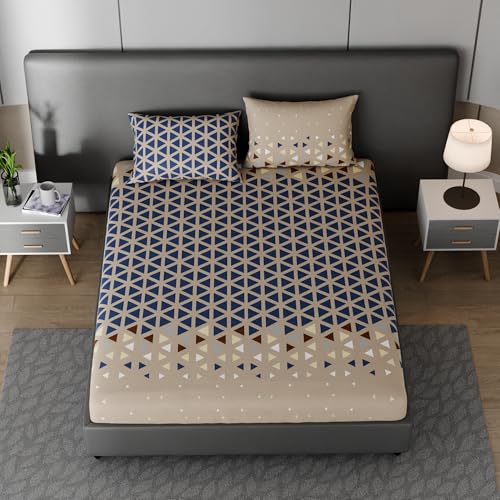 Image of BLISSHOME SoftTouch 150TC Cotton King Size Fitted Bedsheet with 2 Pillow Covers, Silky Smooth Bedding Set, Breathable, Easy Maintain, Geometric Pattern - Sand Beige (183cm x 198cm + 25cm Drop)
