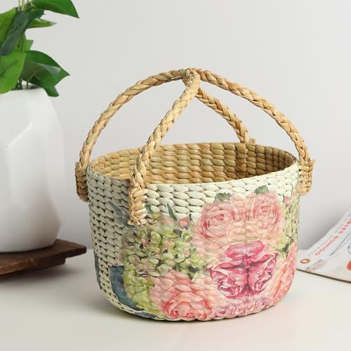 Image of Habere India-All the Cultures Fabricating India Handmade Gift Hamper Baskets | Cane Round Hamper | Fruit Baskets | Bamboo Organiser Basket | Jute Round Storage Basket - Multi (Design16 - D21xH29 cm)