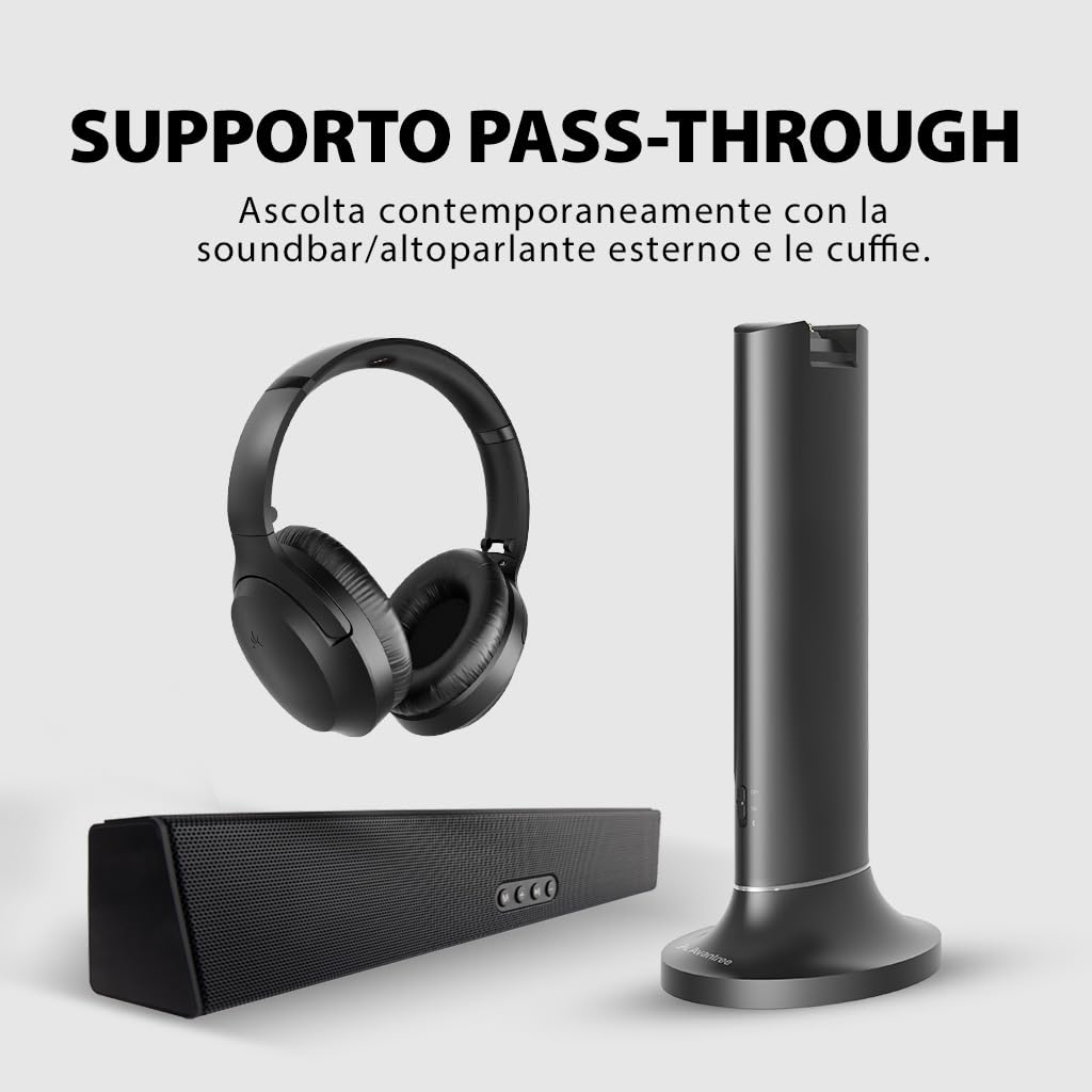 Avantree Opera Plus – Cuffie TV wireless, Dialoghi chiari & Amplificazione del volume per anziani, Pass-through ottico per soundbar, Base trasmettitore di ricarica | Dialogo chiaro e aumento del volume per anziani, passthrough della soundbar ottico, base