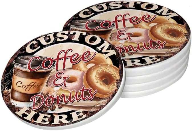 Cp-4323 Posavasos de cerámica MDF café y donas Texto aquí personalizado Chic Sign rústico estilo vintage retro cocina bar pub cafetería hombre cueva