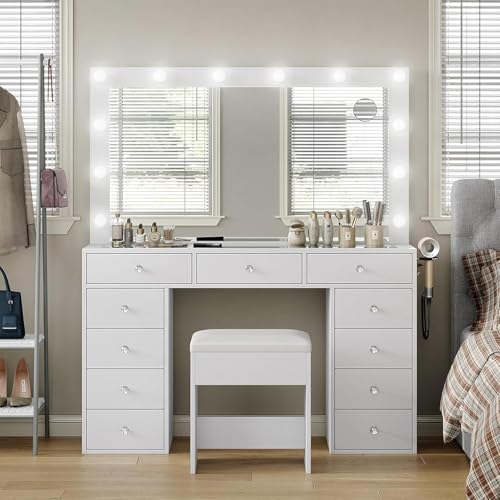 White Vanity Desk with Illuminated Mirror & Power Outlet, 11