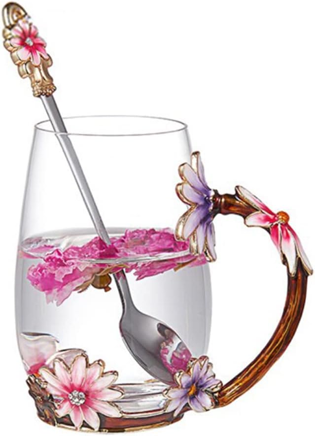 evecase Enamels Daisy Flower Tea Cup/Coffee Mug with Spoon Set, Gifts for Women/Wife/Mum/Teacher/Friends,Mothers Day Gifts,Birthday,Christmas,Mugs for Women
