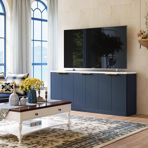 Image of Evermagin 67 inch Fluted Blue Buffet Cabinet Sideboard with Storage, Large Credenza with 6 Doors, Wood Mid Century Modern Sideboard for Kitchen and Living Room (67 inch*31.5 inch*15.7 inch)