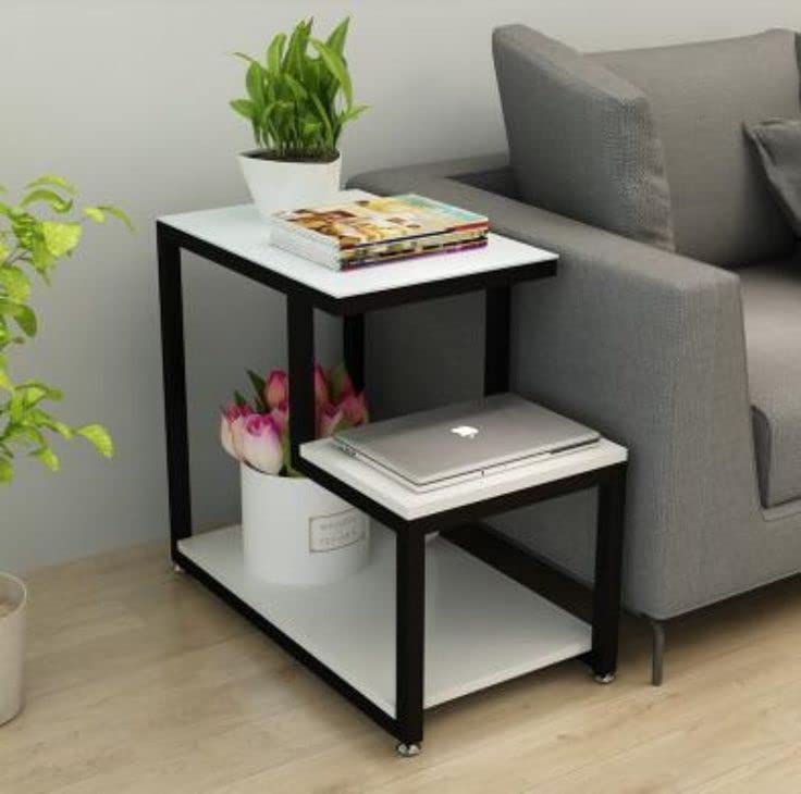 Image of 3-Tier Sofa Side Table, Nightstand with Storage Shelf, Sturdy Metal Frame, Ladder-Shaped Chair Side Table, Tabletop Storage Shelf for Living Room or Bedroom