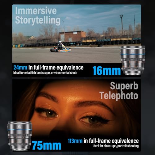 Image of SIRUI Night Walker 16mm & 75mm T1.2 Cine Lens Set, X Mount, Metal Grey | 16mm for immersive wide shots and 75mm for portraits, close-ups, and strong subject separation.