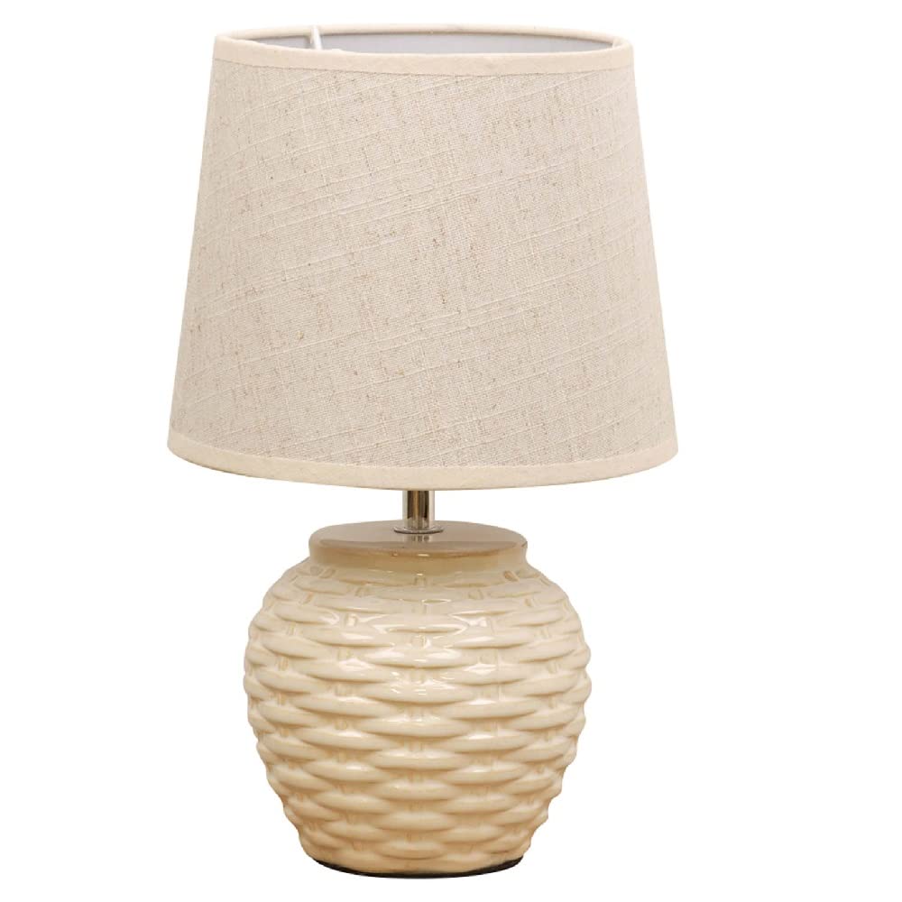 Britalia Cream Ceramic Vintage Basket Weave Table Desk Lamp With Beige Linen Tapered Drum Lampshade | 33Cm Height | Es E27 Lamp Bulb Required | Uk Approved