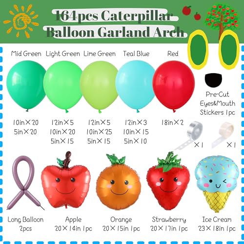 Image of Hungry One Caterpillar Balloon Garland Kit for First Birthday Decorations | Green Caterpillar Shaped Balloons with Fruit Foil Balloons for Picture Book Story Theme Party Summer Baby Shower Supplies