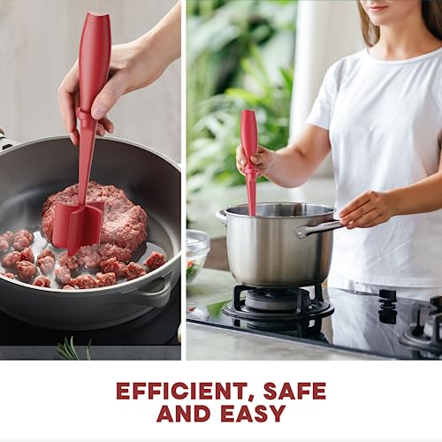 Image of Meat Chopper, Upgrade Hamburger Smasher, Premium Heat Resistant Meat Masher for Ground Beef, Ground Turkey and More, Non Stick Mix Grinder-Red | Heat Resistant, 5 Nylon Blade, Burger Grinder Potato Mix Tool, Meat & Poultry Tenderizers, Dishwasher Safe, Red