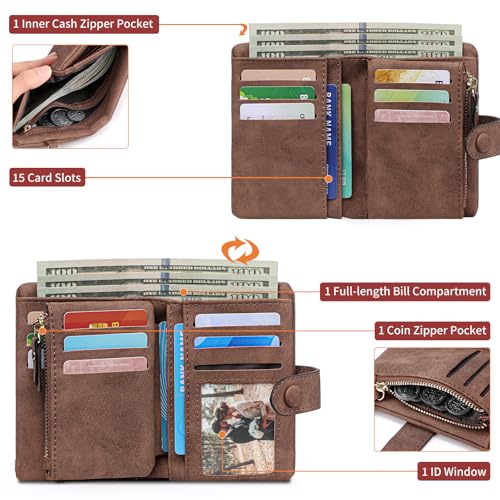 Small Genuine Leather Wallet for Women RFID Blocking Bifold Wristlet with ID Window & Coin Purse (Brown)4