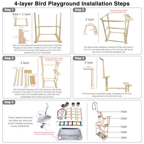 Image of Hamiledyi Natural Wood Bird Playground Stand with 4 Large Layers - Exercise Perch for Parrots Cockatiels and Small Birds Indoor Bird Activity Center with Ladders and Swings