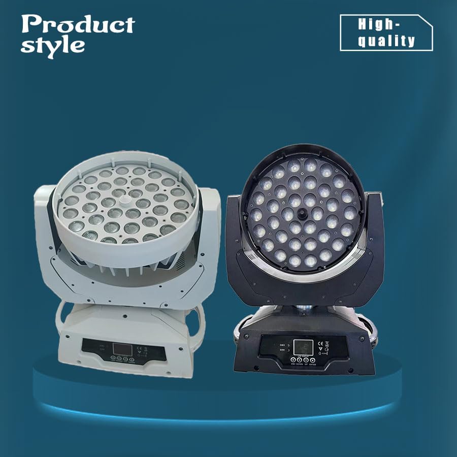 Two Weikass 36x12W LED Zoom Wash Moving Head Lights, one in black and one in white, showcasing different color options.