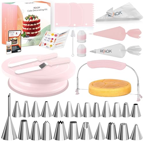 RFAQK 90-Piece Cake Decorating Set with Leveler, Complete Baking Supplies Gift Including Turntable, 24 Numbered Icing Tips & More