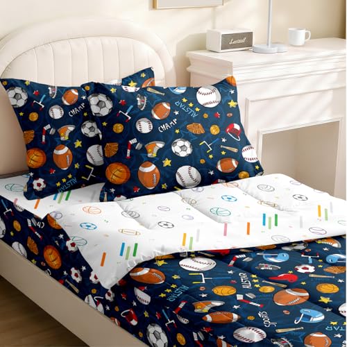 Image of Kids Comforter Set,Zipper Bedding Twin for Boys,Football Printed Comforter Set with Soccer Basketball Fitted Sheets and Pillowcases for All Season(Tennis)