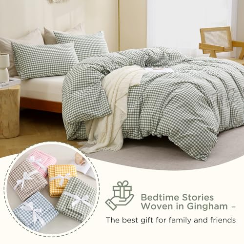 Image of TOCOMOA Green Gingham Duvet Cover Bedding Set 100% Washed Cotton Like Linen Feel Super Soft Comfy 3 Piece Vintage Plaid Checkered Comforter Cover Set (Oversized King 120 inchx98 inch, Comforter Not Included)