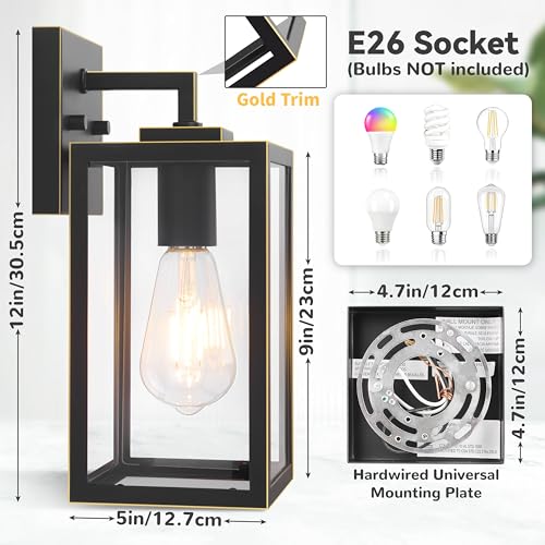Image of Outdoor Wall Light Fixtures, Outdoor Lights for House, 2-Pack, 12 In, E26 | Black Exterior Wall Lanterns with Tempered Glass for Front Porch, Garage, Patio, Outside Wall Sconces, Gold Trim, Anti-Rust
