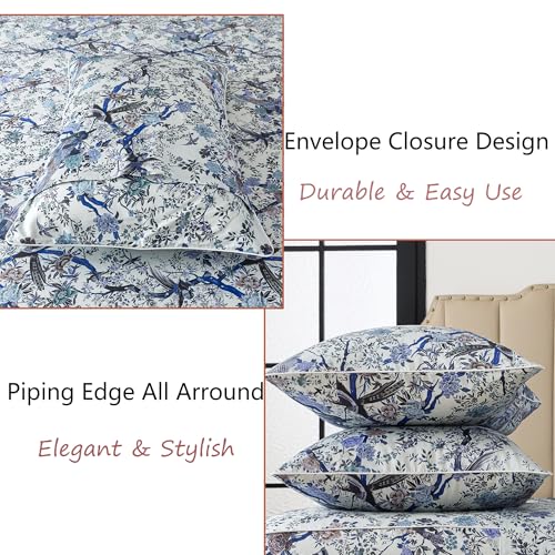 Image of FADFAY Sheets Set King Botanical Bird Floral Bed Sheets Set Vintage Blue Farmhouse Bedding Shabby Branches Bedding Collections 100% Egyptian Cotton Breathable Soft 17.7 inch Deep Pocket 4Pcs, King Size