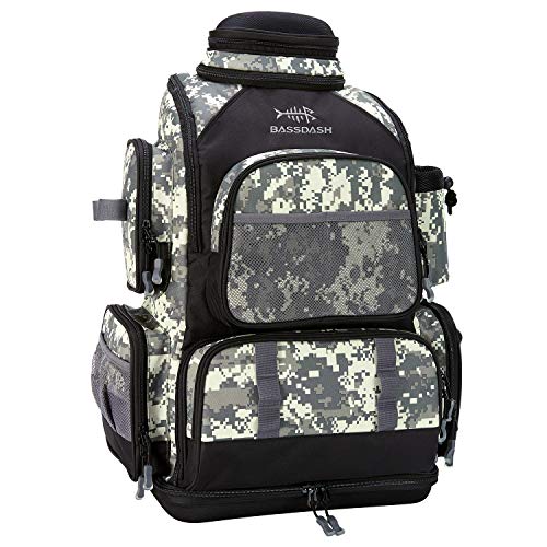 BASSDASH Mochila de equipamento de pesca resistente à água bolsa tática leve caixa de equipamentos macia com suporte de vara e capa protetora de chuva, Mochila Jungle Camo [3670] sem bandejas, L, Mochila, embutida