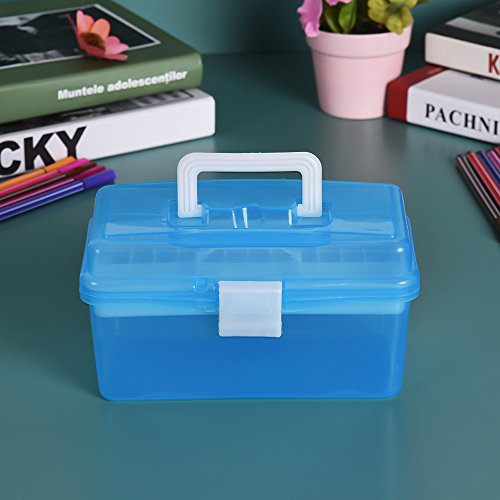 Image of Storage Container Organizer 2 Layer Stackable Portable Plastic Bin with Handle for Stationery Sewing Jewelry Beauty Supplies (Blue)