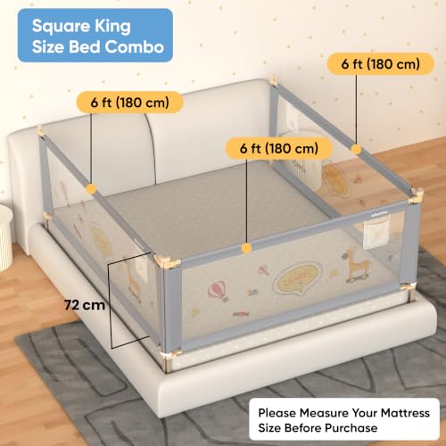 Image of Cherilo Bed Rails for Baby | Pack of 3 (Each Rail: 6ft / 180 cm) | 3 Side Bed Safety Guard for Kids | Foldable & Height Adjustable | Breathable Mesh, Kids-Friendly Prints | Grey (Pack of 3)