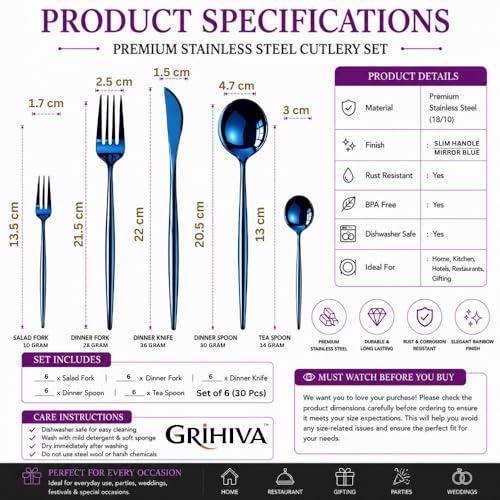 Image of 30 Pcs Blue Cutlery Set for Dining Table the Perfect Lightweight Silim Handle Tableware Including Dinner Spoon, Dinner Fork, Dinner Knife, Dessert Spoon & Dessert Fork