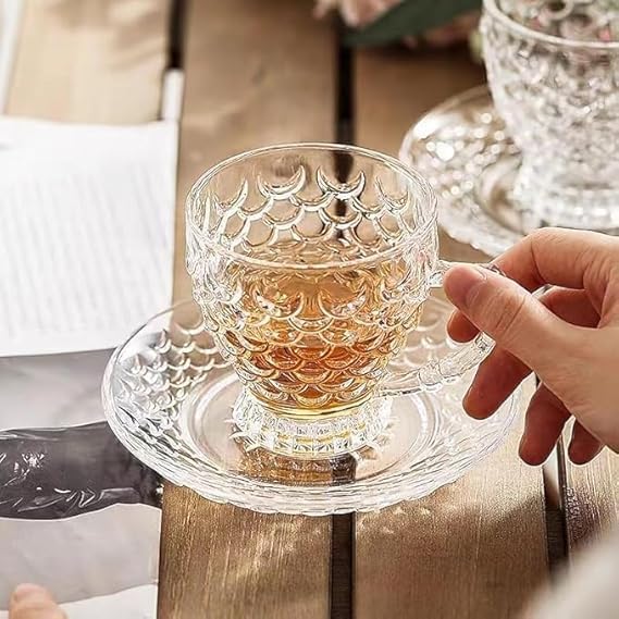Image of Premium Classic Glass Tea Cup and Saucer - 180 ML, for Coffee, Green Tea, Herbal Tea, Lemon Tea More (6 Cup and 6 Saucer Set)