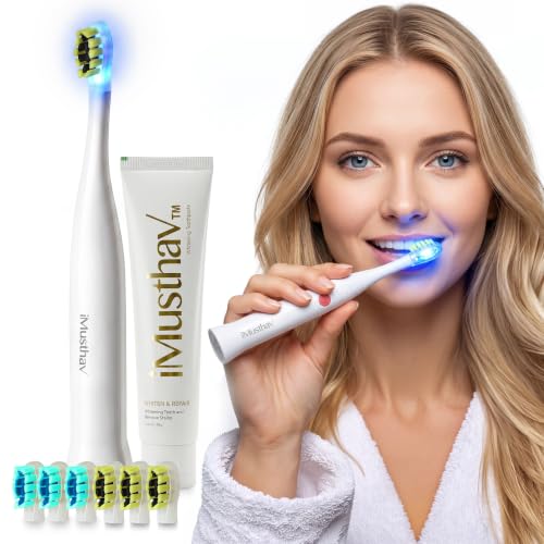 iMusthav Travel Electric Toothbrush for Adults Battery Operated Portable Toothbrush with Blue LED Light 3 Sonic Modes Smart Timer 6 Brush Heads Whitening Toothpaste