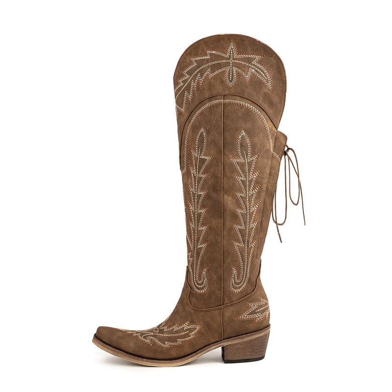 Atuelang Cowboy Boots for Women Knee High Cowgirl Boots Wide Calf Western Embroidered Lace Up Fashion Boot