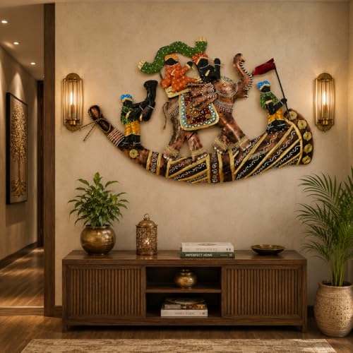 Image of iHandikart Handmade Metal Wall Art for Home Decor | 24 x 16 Inch Rajasthani Elephant Ride Wall Sculpture | Traditional Indian Iron Wall Hanging Artwork for Living Room, Bedroom, Hallway & Entryway