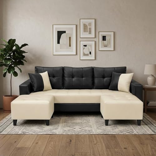 Image of SLEEPIFY Harlon Leatherette Fabric 3 Seater Sofa Set with 2 Ottoman (Cream - Black) | Comfortable & Spacious Seating | Modern Sofa Set for Living Room | Soft Touch Upholstery