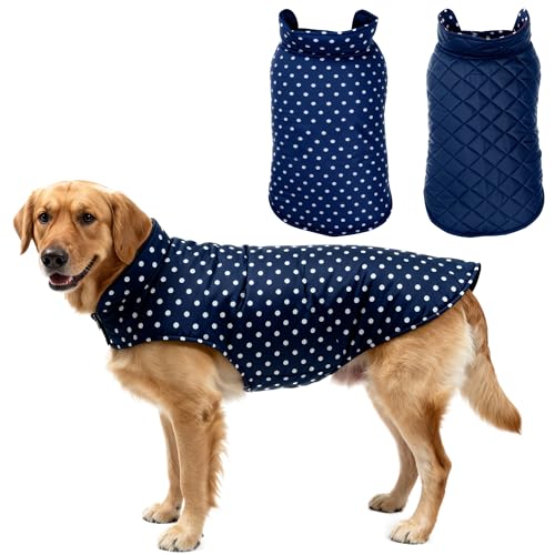 Image of Joydaog Nordic Blue Reversible Dog Jacket 24 Inch (2XL) - Navy Polka Dot x Quilted Blue | Fits Golden Retriever, Labrador, German Shepherd | Warm Winter 2-in-1 Coat