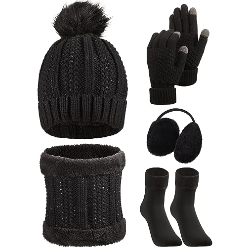 SATINIOR 5 Pcs Winter Hat Scarf Gloves Set Fleece Warm Lined Knit Beanie Hat Touch Screen Earmuff Gloves Warmer for Women(Black Classic Style)