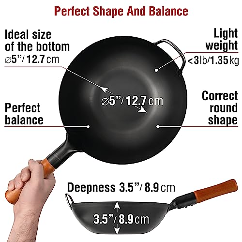Yosukata Carbon Steel Wok Pan – 11,8 “ Woks And Stir Fry Pans - Chinese Wok With Flat Bottom Pow Wok - Traditional Chinese Japanese Woks - Black Wok For Flat Stoves, Induction, Gas Stovetops #TOP1