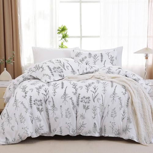 MUXHOMO Duvet Cover King Size, Reversible Floral White Duvet Cover Set with Zipper Closure, 3 Pieces Botanical Patterns Soft Microfiber Bedding Set (90"x104", 2 Pillow Cases 20"×36")
