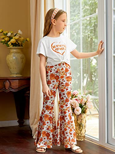 Oyoangle Girl's 2 Piece Outfits Short Sleeve Twiss Front T Shirt And Floral Flare Bell Bottom Pants Sets White And Orange 11-12Y #TOP3
