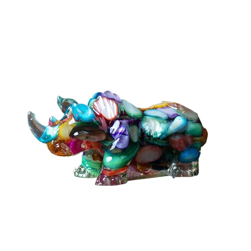 HUFFA Natural Crystal Rhinoceros Figurine - Resin-Filled Wealth Attractor for Home Decor(Colorful shells)