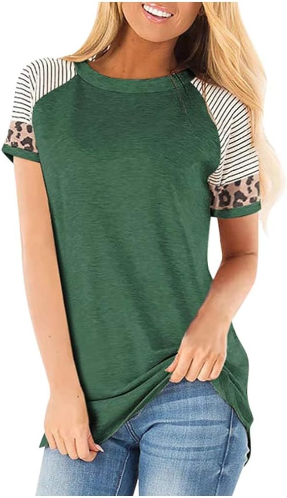 Womens Tunic Tops Leopard Short Sleeve Stripes Casual T Shirts Tees