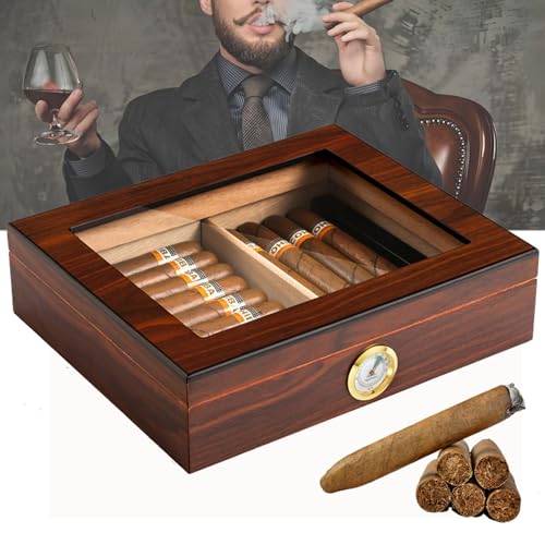 Generico Humidor per Sigari in Legno di Cedro, Igrometro con Coperchio in Vetro, capacità 35 Sigari con Ripiani Regolabili, Conservazione Sigillata A Temperatura Costante (WalnutColor)