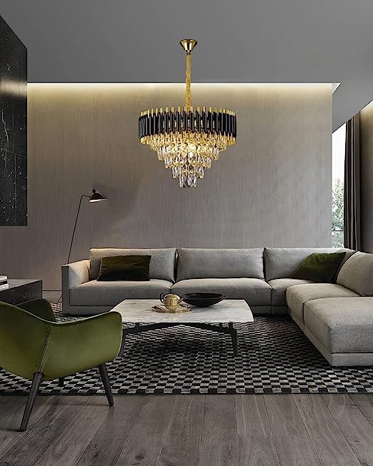 Image of Modern Crystal Chandelier 600mm Black and Gold Round Pendant Ceiling Light Fixture Flush Mount for Dining Room Living Room Bedroom Foyer Hallway Entryway