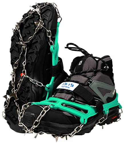 Foto von HighTatras Stiefelsteigeisen Blau Größe L 38-45 Spikes Anti-Rutsch-Bergwandern Steigeisen für Schnee EIS für Winter-Trekking 8 gehärtetem Stahl Ice Crampons
