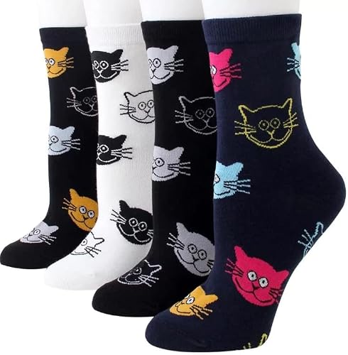 Everything Socks Disco Cat - Crew Cut Cute Socks - Colorful Funky Cat Socks for Men Women Girls Teens - Cotton Fashion Dress Socks