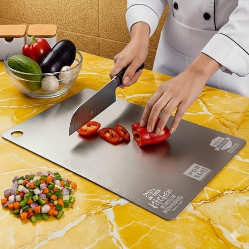 Image of Porslin by Chef Stainless Steel Chopping Board Large, Chopping Board Steel Vegetable Cutting Board Steel for Kitchen Use, SS Chopper Board, Metal Cutter Board Large 36 X 25cm Premium Heavy Duty