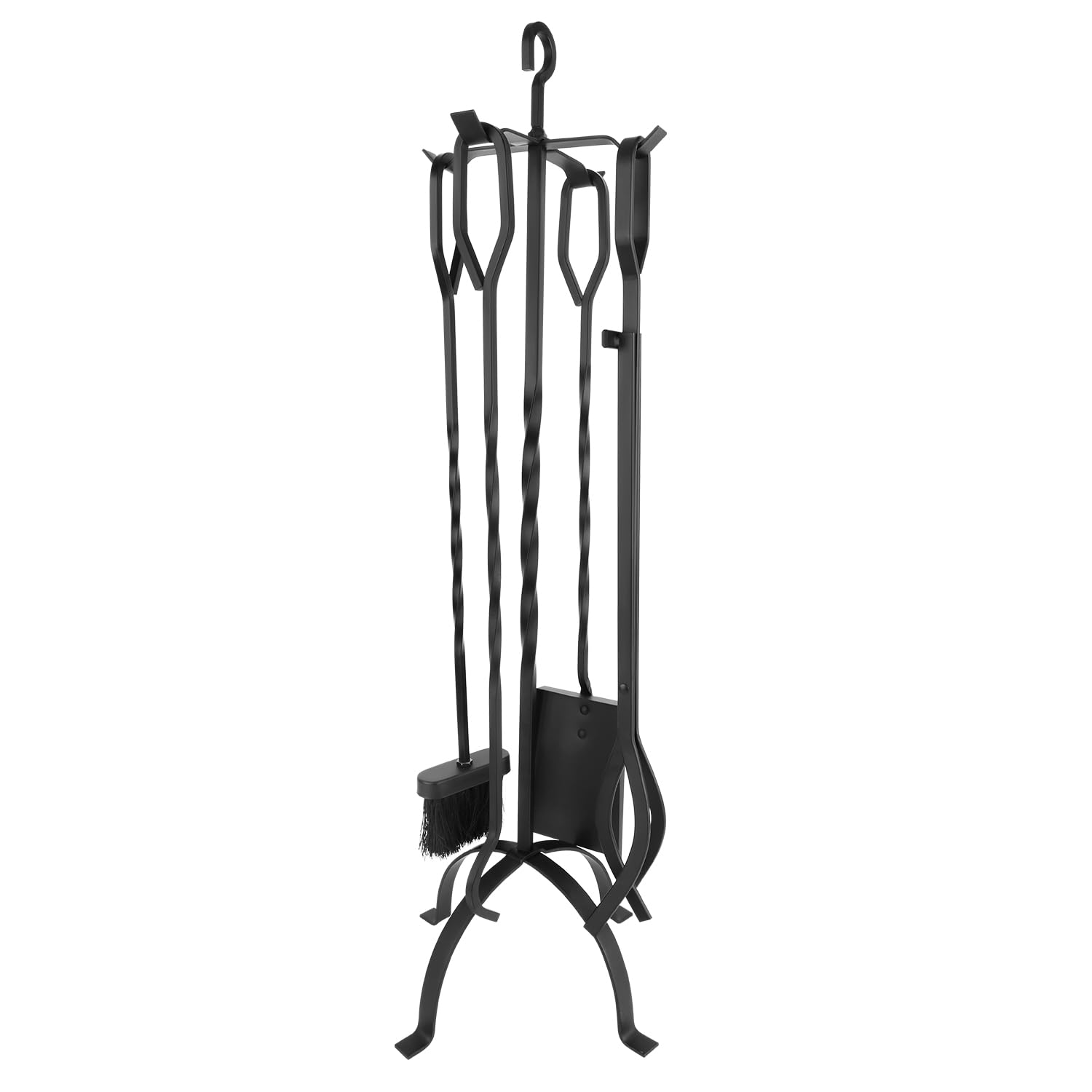 Juego de 5 herramientas para chimenea de hierro forjado para interiores con pinzas de póquer, escoba, soporte para pala, herramientas de fuego (negro)