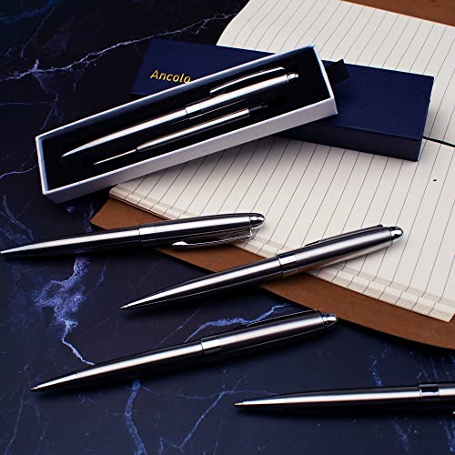 Ancolo Ballpoint Pens, Stunning Silver Chrome Metal Pen With 5 Gift Pen Box, 10 Extra Black Ink Refills, Best Ball Pen Gift Set For Men & Women, Executive, Office, Nice Pens #TOP2