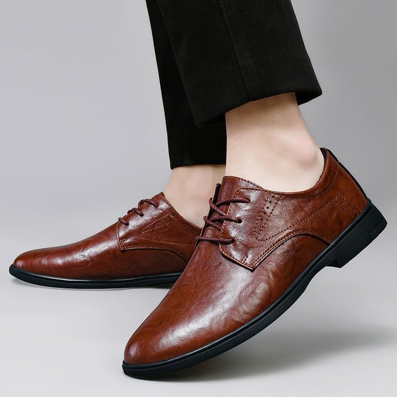 HOOENG Formal Shoes for Men Lace Up Pointed Toe PU Leather Derby Shoes Block Heel Non Slip Resistant Low Top Party(Color:Brown,Size:6)4
