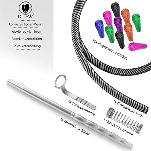 DILAW® Shisha Carbon Silikonschlauch Set mit Alu Mundstück inkl. 10 x Hygienemundstücke + Schlauchhalter… – Bild 4