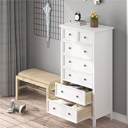 Ikeno White 7 Drawer Tall Dresser, Solid Wood Large Storage Cabinet, Modern Simple White Tall Chest Of Drawer For Bedroom Living Room Hallway Entryway (White) #TOP3