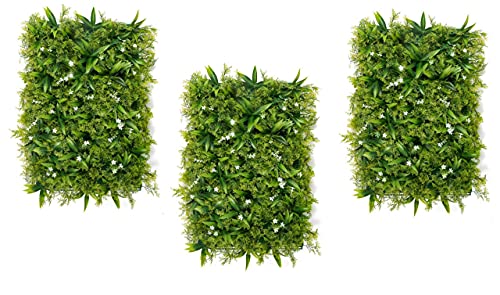 Image of Wall Grass (3 Pcs), Artificial Grass for Wall Decoration, Vertical Garden Artificial Mat, Grass Tiles for Balcony (Green and White Flowers, 60cm x 40cm x 8cm, Plastic, Pack of 3)