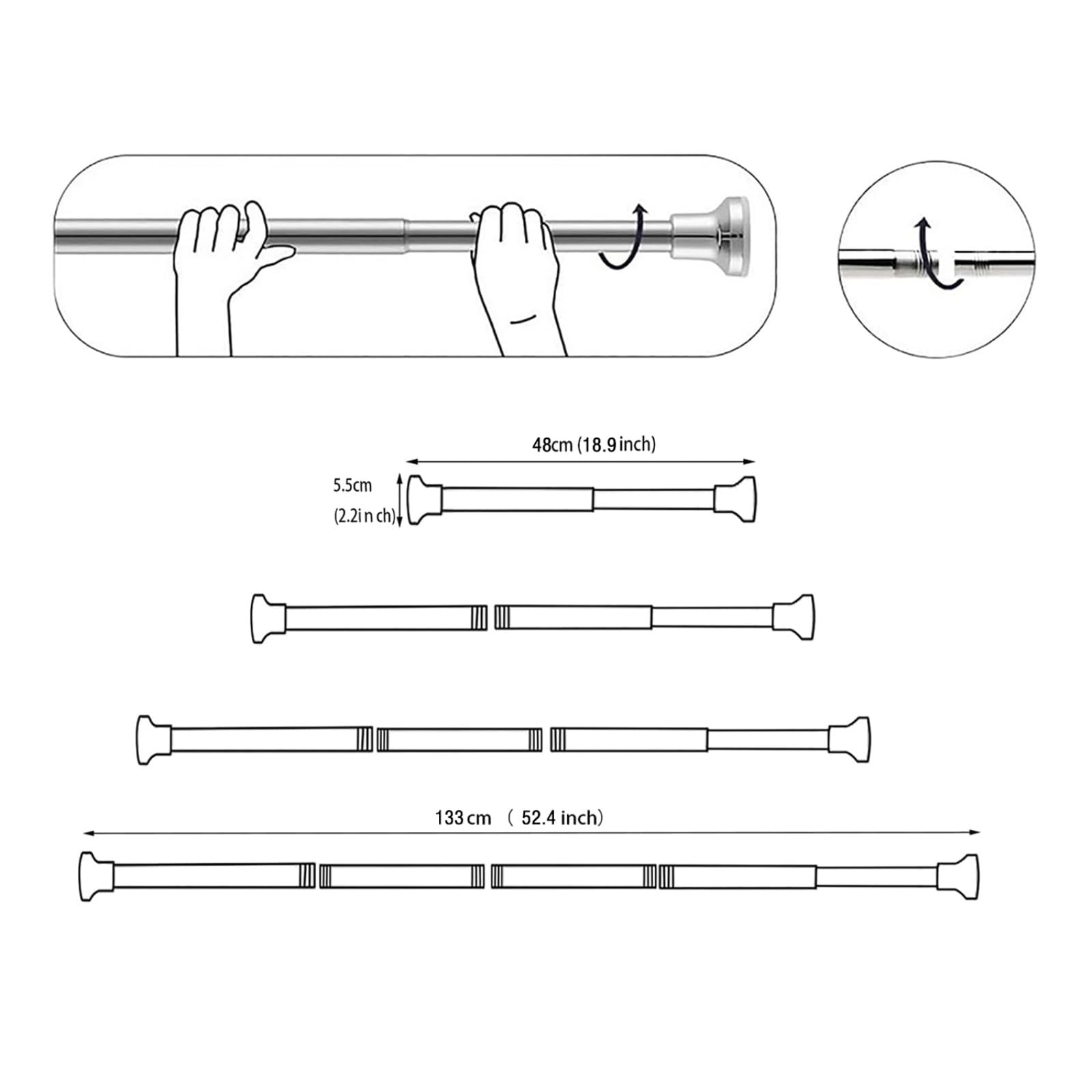 wintfarm Extendable Shower Curtain Poles 48-133 cm,No Drill Tension Rod Adjustable Shower Curtain Rail,Non-Slip,Never Rust,304 Stainless Steel,for Bathroom,Kitchen,Garderobe(Black - Image 4